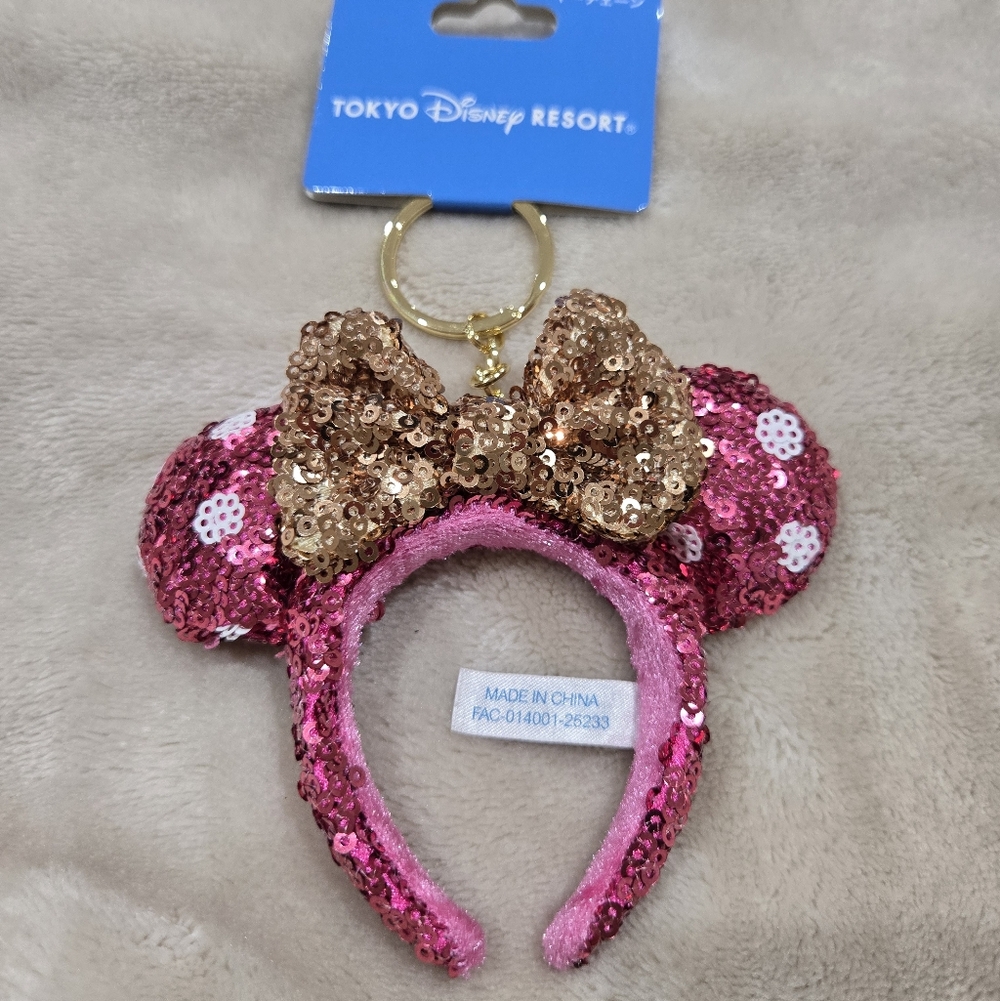 Disney Pink and Gold Sequin Minnie Mouse ears Keychain